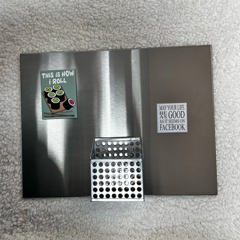 Kikkerland Stainless Magnetic Memo Board with Note Pen Pencil Holder
